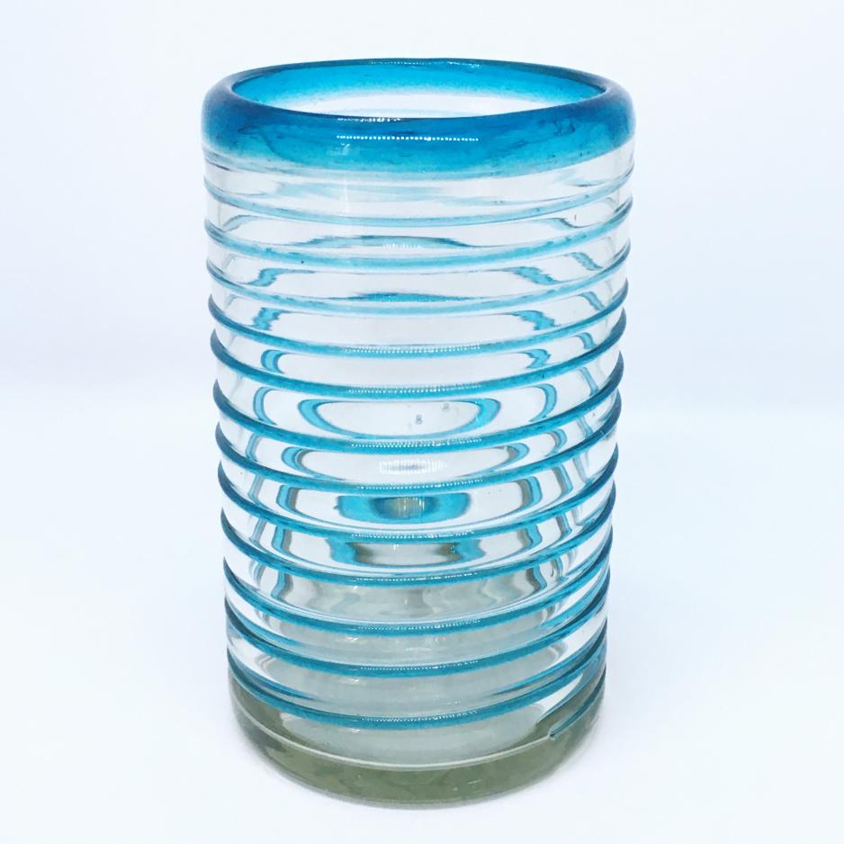 Novedades / Juego de 6 vasos grandes con espiral azul aqua, 14 oz, Vidrio Reciclado, Libre de Plomo y Toxinas / stos vasos son la combinacin perfecta de belleza y estilo, con espirales azul aqua alrededor.